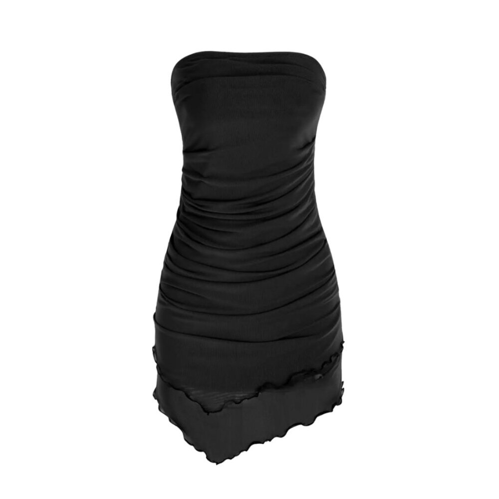 Strapless Ruched Ruffle Mini Dress – Black